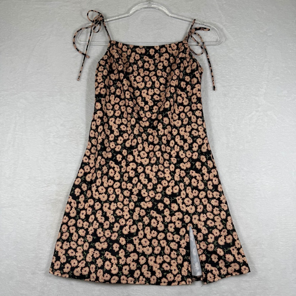 Princess Polly Floral Mini Dress Black‎ Peach Tie Strap Front Slit Size 2 US